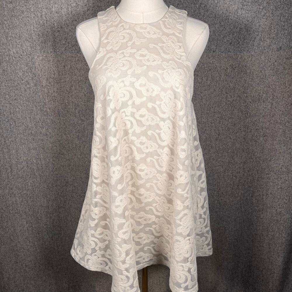 Coquette Cottage Core Womens White Lace Flowy Dress Sz M Sleeveless High Neck